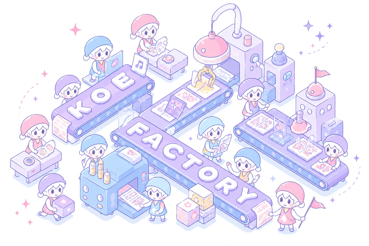 創作物が工場ラインを流れていくKOE FACTORYのイメージイラスト